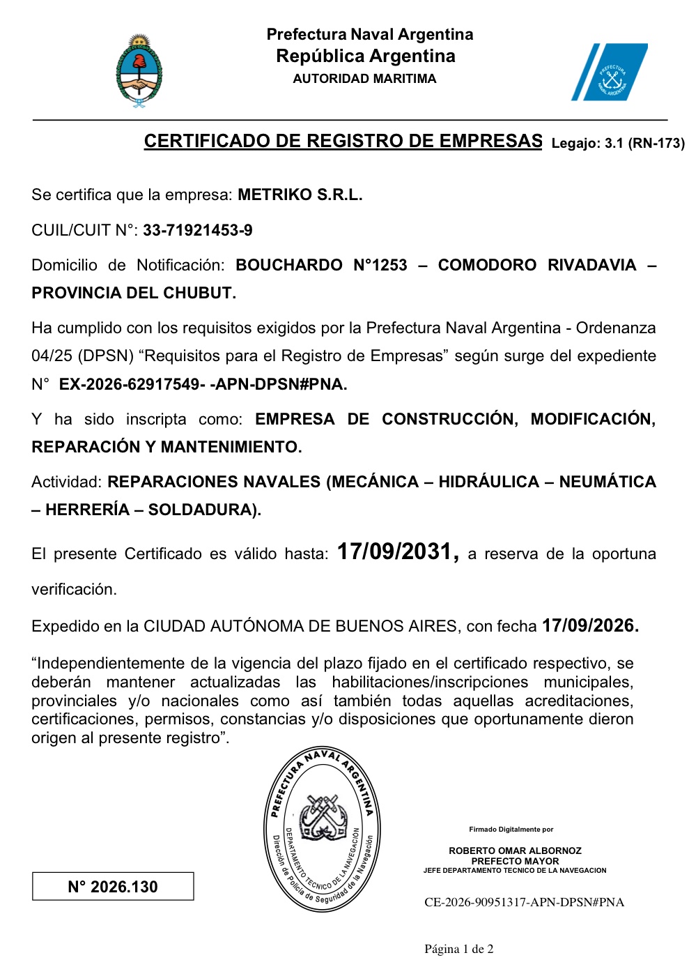 Certificado PNA de Métriko SRL - página 1